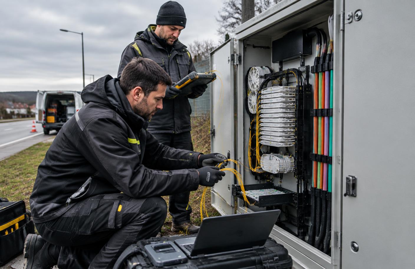 Technici při výstavbě a měření optického rozvaděče